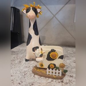 Cow Figurine and Napkin Holder Set With Sunflower Accents